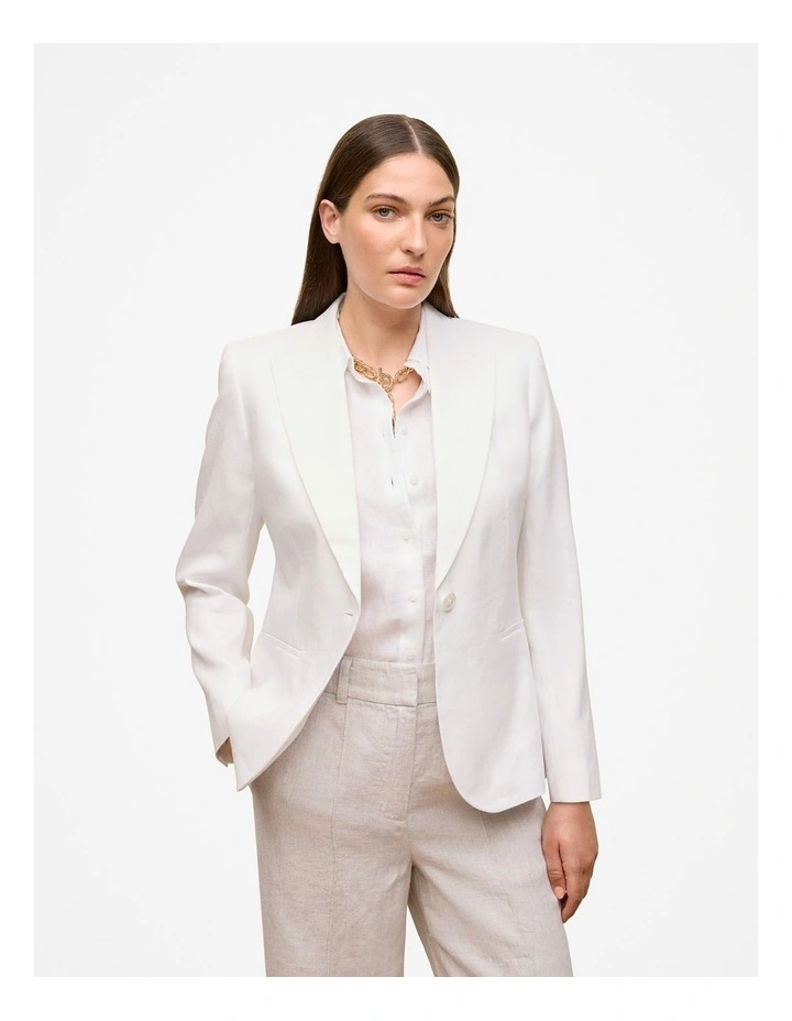 Linen Cotton Herringbone Blazer in White image 1