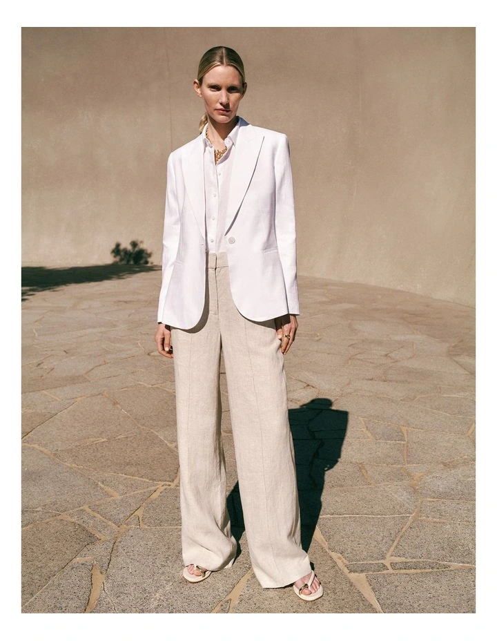 Linen Cotton Herringbone Blazer in White image 2