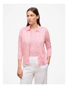 Linen Cotton Mouline Collared Cardigan in Pink Peony