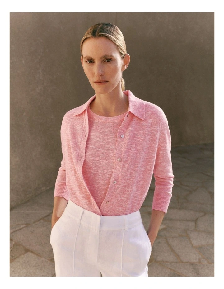 Linen Cotton Mouline Collared Cardigan in Pink Peony image 2
