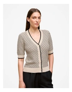 Pointelle Stripe Short Sleeve Cardigan in Stone