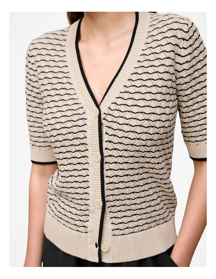 Pointelle Stripe Short Sleeve Cardigan in Stone image 3