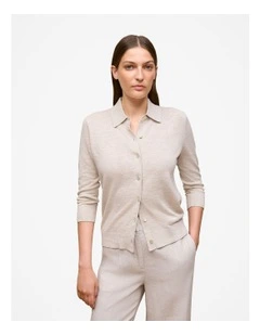 Linen Cotton Collared Cardigan in Stone