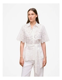 Peony Cutwork Belted Shirt in White