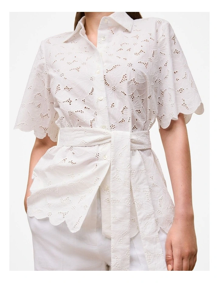 Peony Cutwork Belted Shirt in White image 3