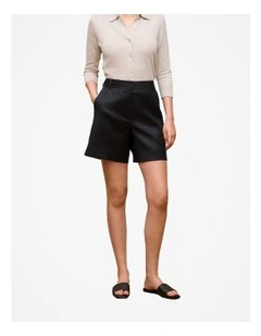 Stretch Linen Blend Tailored Short in Black