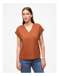 Linen Cotton V Neck T-shirt in Burnt Orange