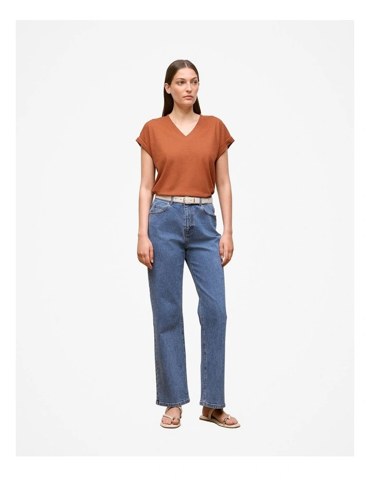 Linen Cotton V Neck T-shirt in Burnt Orange image 2