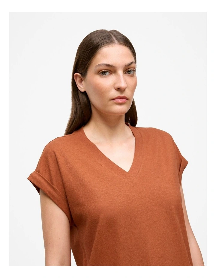 Linen Cotton V Neck T-shirt in Burnt Orange image 3