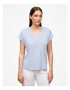 Linen Cotton V Neck T-shirt in Ice Blue
