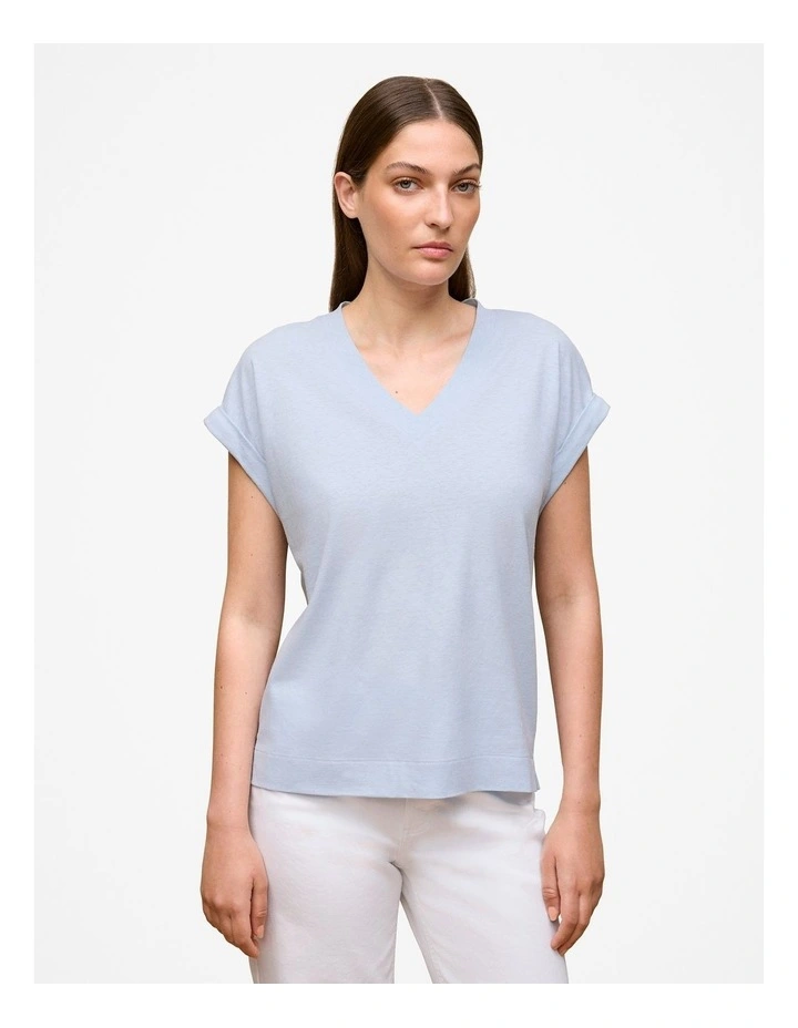 Linen Cotton V Neck T-shirt in Ice Blue image 1