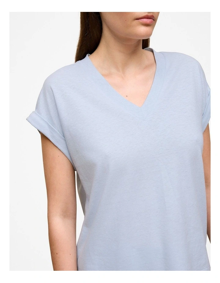 Linen Cotton V Neck T-shirt in Ice Blue image 3