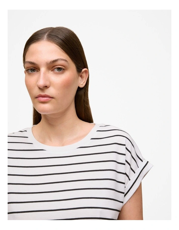 Stripe Cuff Sleeve T-shirt in White/Black image 3