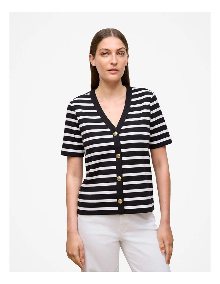 Stripe Rib Button Through Top in Black image 1