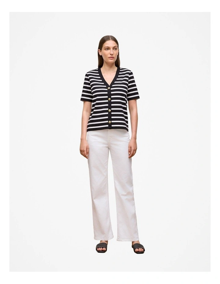 Stripe Rib Button Through Top in Black image 2