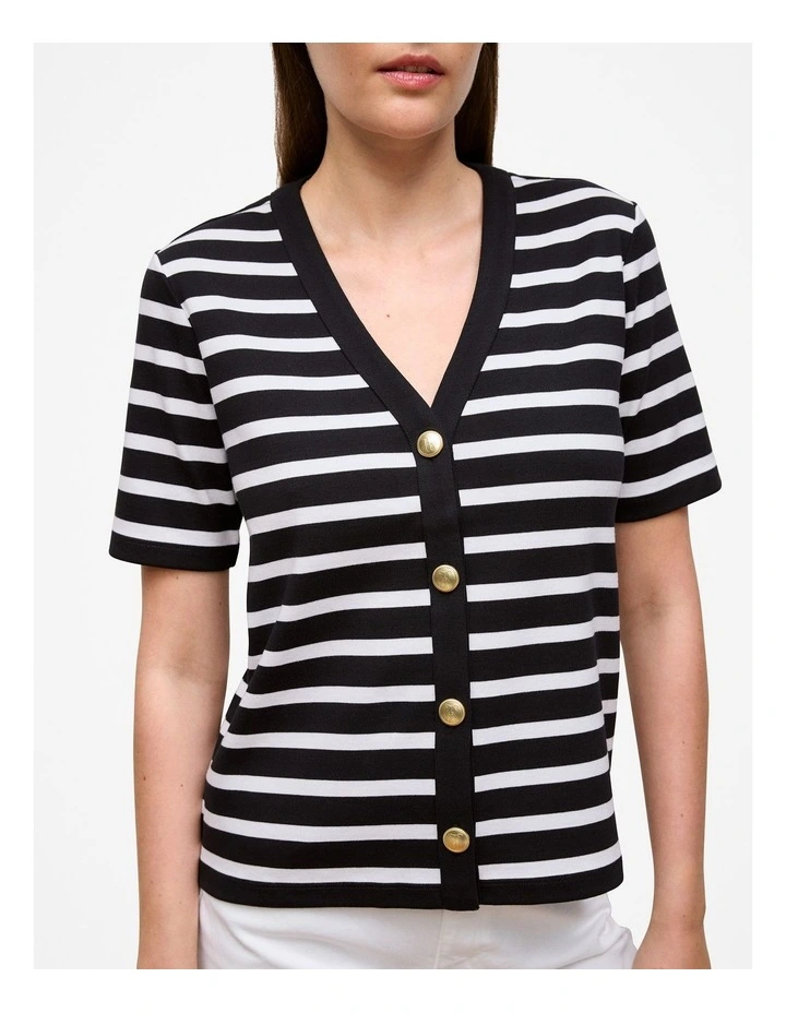 Stripe Rib Button Through Top in Black image 3