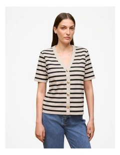 Stripe Rib Button Through Top in Stone