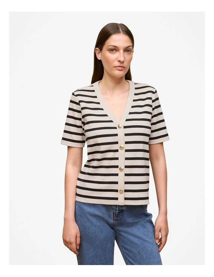 Stripe Rib Button Through Top in Stone image 1