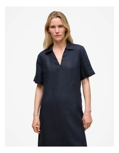 Linen Collared Popover Shift Dress in Night Sky