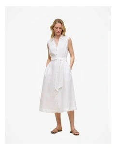 Linen Sleeveless Shirt Dress in White