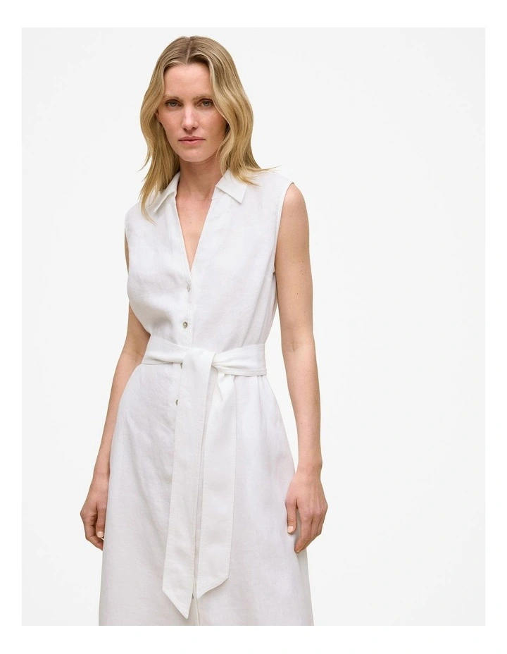 Linen Sleeveless Shirt Dress in White image 2