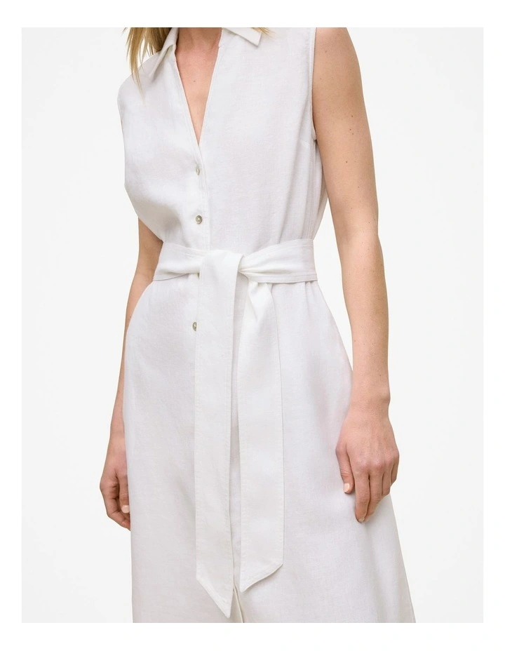 Linen Sleeveless Shirt Dress in White image 3