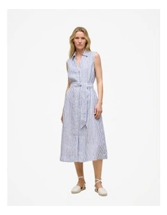 Yarn Dyed Linen Stripe Sleeveless Shirt Dress in Vivid Blue