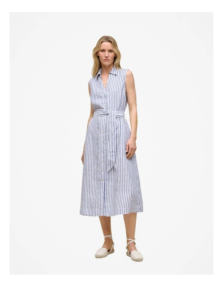 Yarn Dyed Linen Stripe Sleeveless Shirt Dress in Vivid Blue image 1