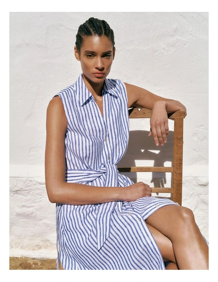 Yarn Dyed Linen Stripe Sleeveless Shirt Dress in Vivid Blue image 2