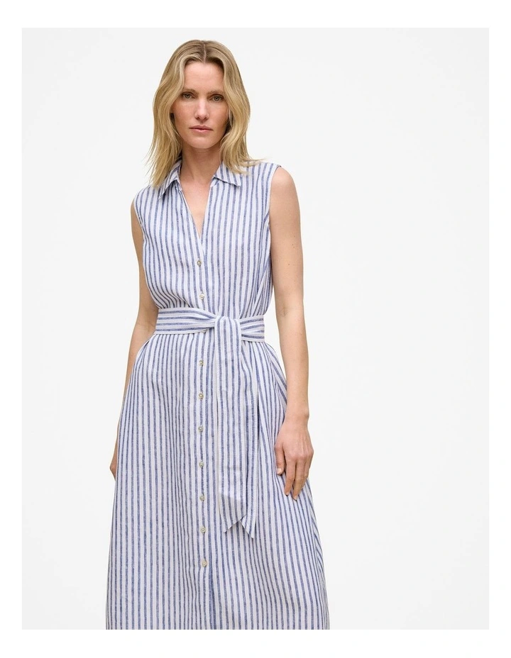 Yarn Dyed Linen Stripe Sleeveless Shirt Dress in Vivid Blue image 3