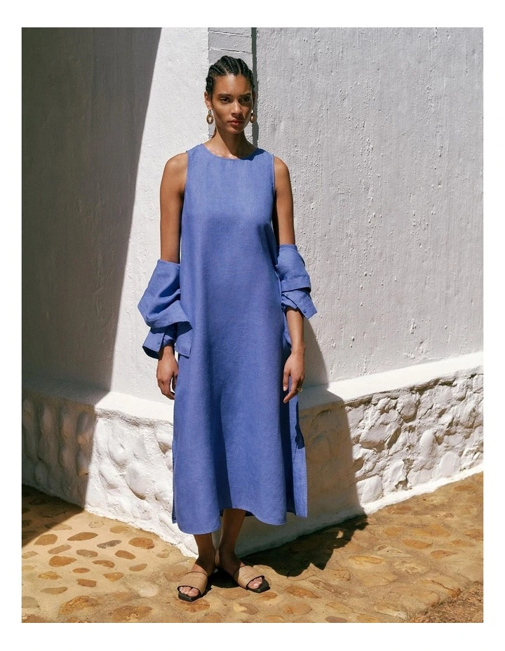 Delave Linen Sleeveless Column Dress in Vivid Blue image 2