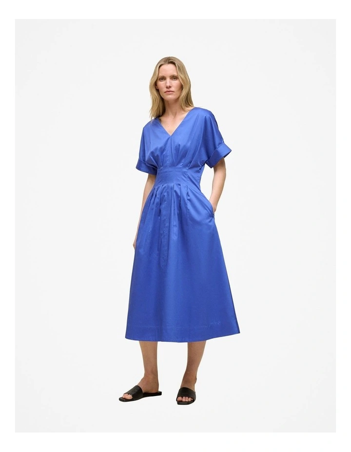 Cotton Sateen Pleat Waist Dress in Vivid Blue image 1