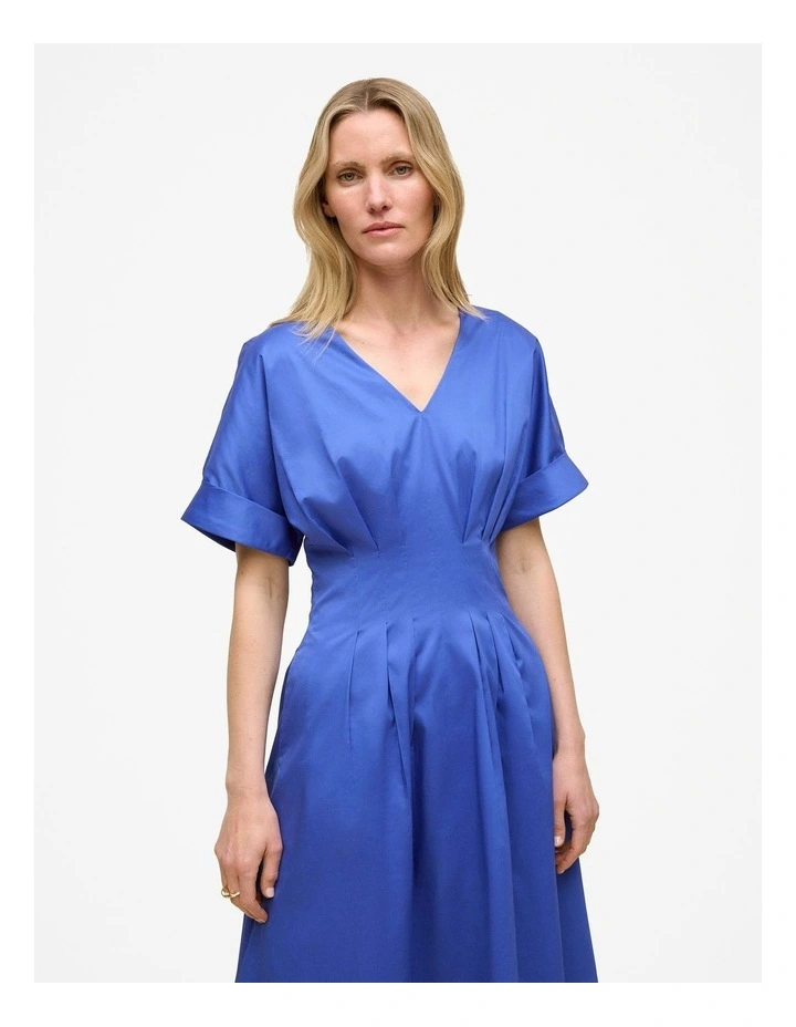 Cotton Sateen Pleat Waist Dress in Vivid Blue image 2