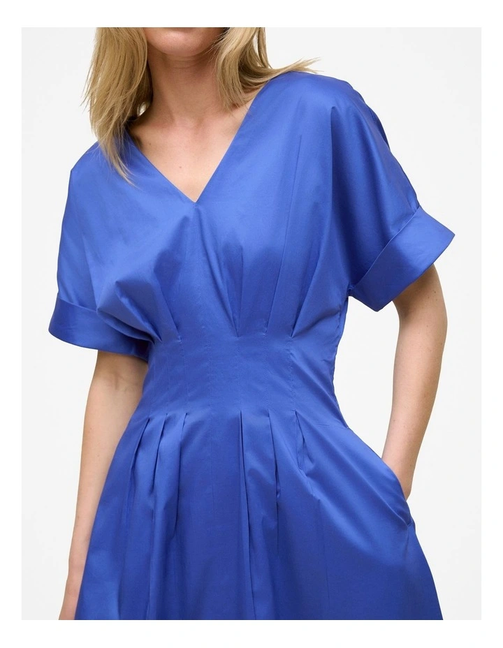Cotton Sateen Pleat Waist Dress in Vivid Blue image 3