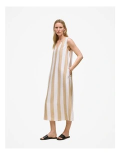 Cabana Stripe V Neck Sleeveless Dress in Sand