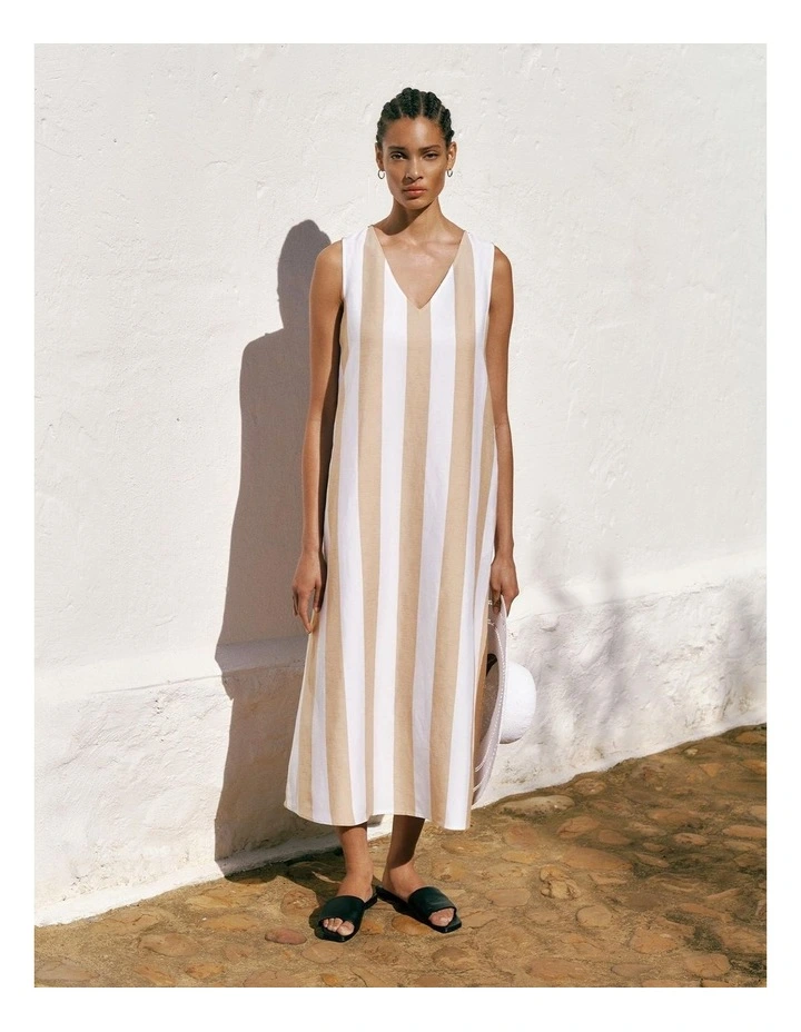 Cabana Stripe V Neck Sleeveless Dress in Sand image 2