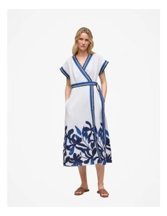 Marea Border Stripe Linen Wrap Dress in White