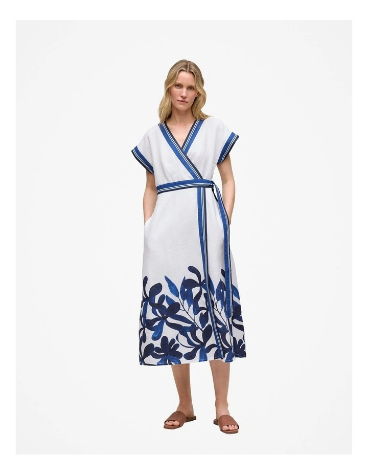 Marea Border Stripe Linen Wrap Dress in White image 1