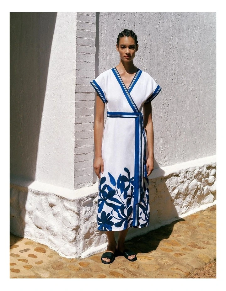 Marea Border Stripe Linen Wrap Dress in White image 2