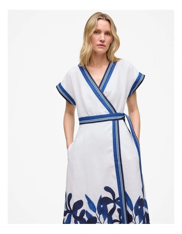 Marea Border Stripe Linen Wrap Dress in White image 3