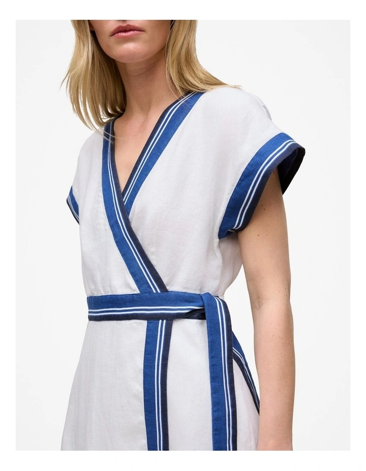 Marea Border Stripe Linen Wrap Dress in White image 4