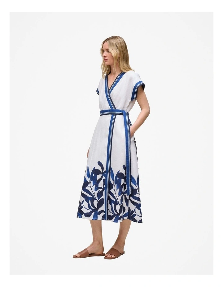 Marea Border Stripe Linen Wrap Dress in White image 5