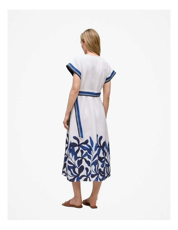 Marea Border Stripe Linen Wrap Dress in White image 6