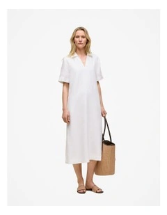 Linen Collared Popover Shift Dress in White