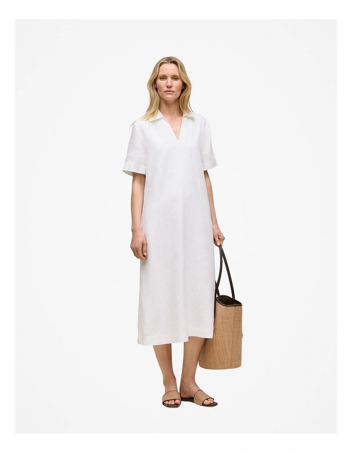 Linen Collared Popover Shift Dress in White image 1
