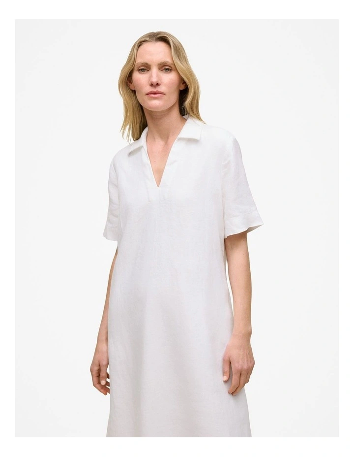 Linen Collared Popover Shift Dress in White image 2