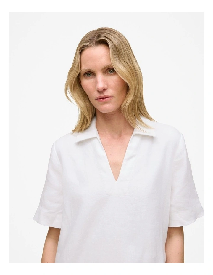 Linen Collared Popover Shift Dress in White image 3