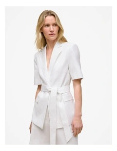 Stretch Linen Short Sleeve Blazer in White