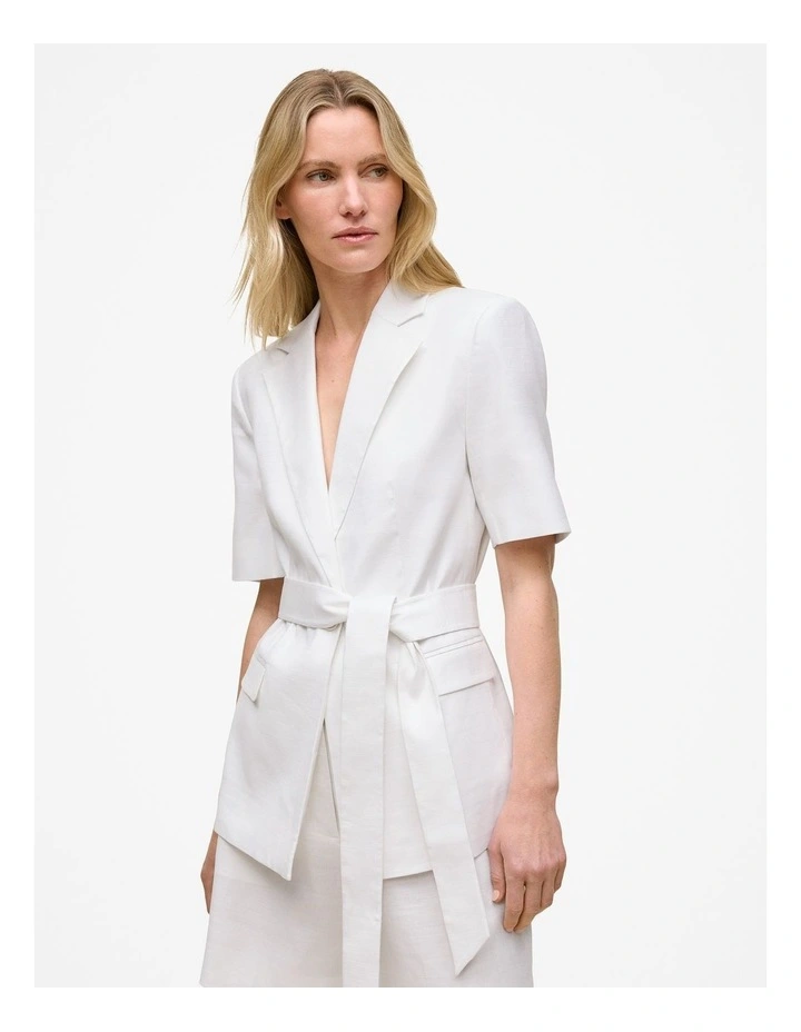 Stretch Linen Short Sleeve Blazer in White image 1