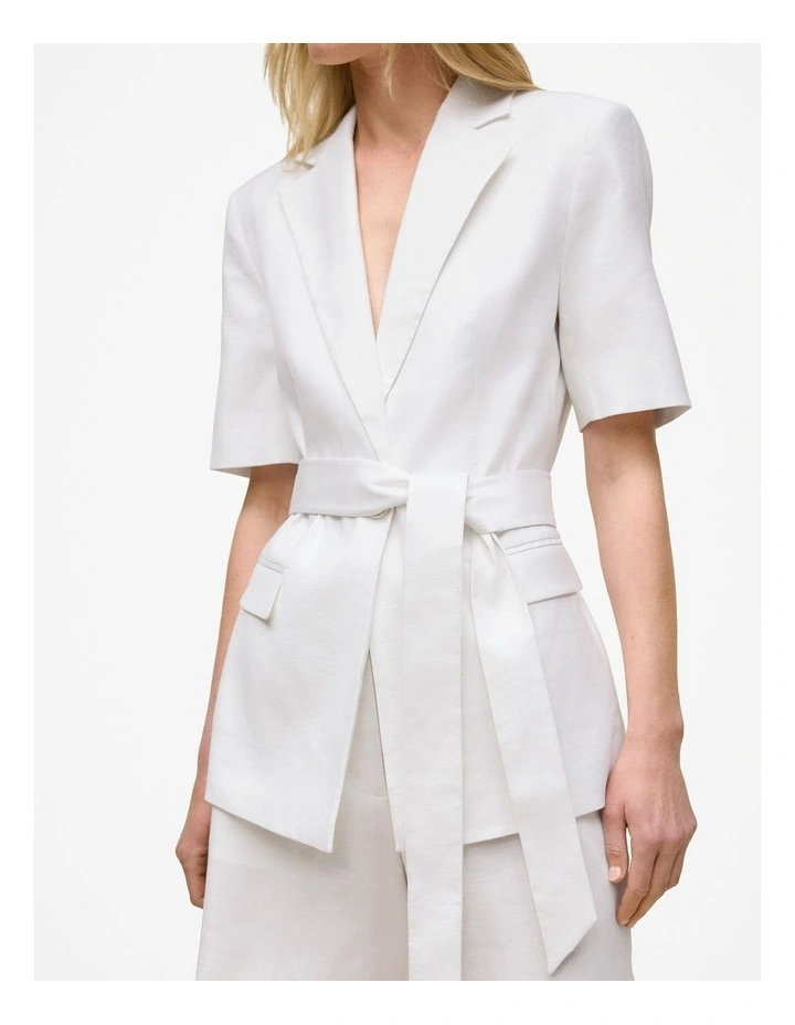 Stretch Linen Short Sleeve Blazer in White image 3